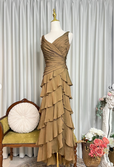 Vintage V Neck Satin Pleated Layered Ruffle Mermaid Prom Gown Formal Birthday Party Dress SP628