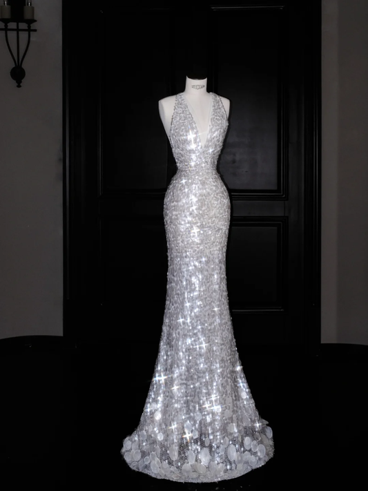 Sexy V Neck Silver Sequins Backless Mermaid Prom Dress Evening Dress  Y8680