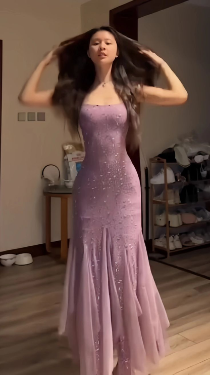 Classy Purple Spaghetti Straps Chiffon Sequin Beaded Formal Prom Dress Long Mermaid Evening Dress SP245