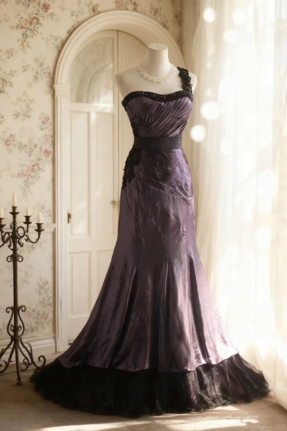 Vintage One Shoulder Purple Satin Beaded Mermaid Party Dress Long Birthday Prom Gown SP752