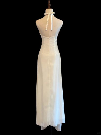 Classy Halter White Chiffon Ruffle Sheath Long Evening Dress Party Gown SP4084