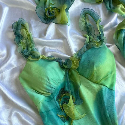 Unique Ombre Green Chiffon Ruffles Beaded Long Party Dress Evening Gowns Y9734