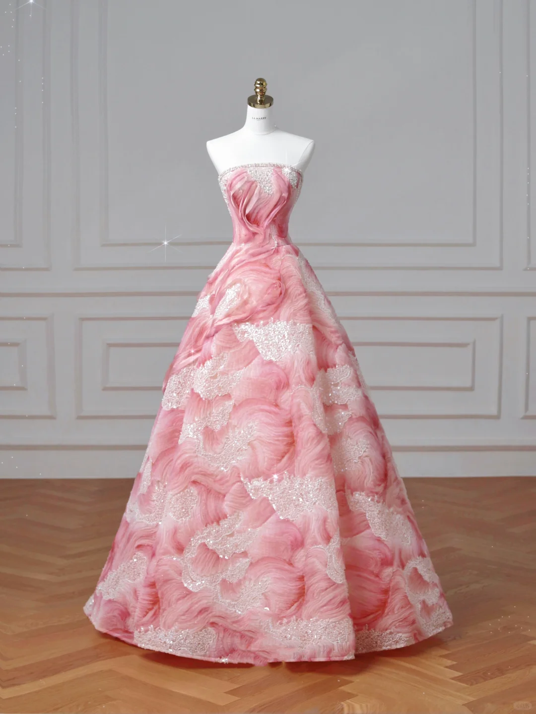 Dream Pink Strapless Satin Print Sequins Prom Dress,Princess Birthday Ball Gown Y8604