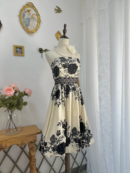 Vintage Strapless Satin Printed Floral Short Graduation Homecoming Dress Birthday Dress Y9761