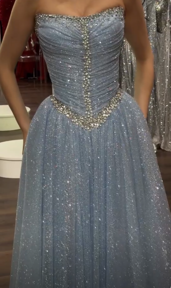 Glitter Strapless Light Blue Tulle Sequin Beaded A Line Long Party Dress Birthday Prom Gowns SP4147