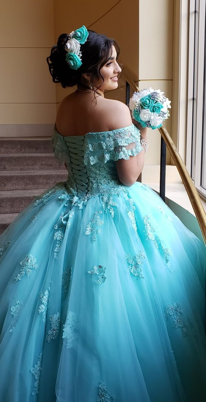 Off The Shoulder Lace Tulle Ball Gown Princess Dress Y3087