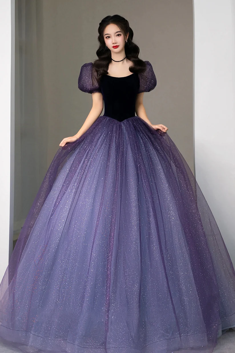 Purple Tulle Short Sleeve Formal Dress, Cute A-Line Evening Dress Y4291