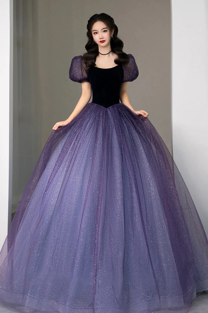 Purple Tulle Short Sleeve Formal Dress, Cute A-Line Evening Dress Y4291