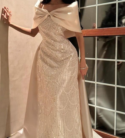 Elegant Ivory Bow Off The Shoulder Satin Sequin Beaded Long Evening Dress Prom Gown SP731