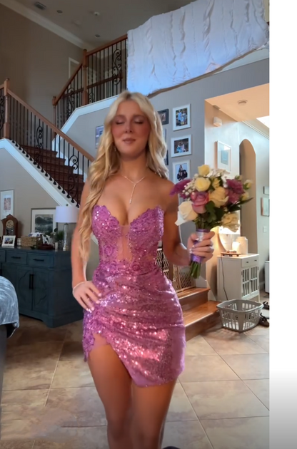 Pretty Purple Sweetheart Neck Sequin Sheath Short Graduation Homecoming Dress,Mini Prom Dress SP3368