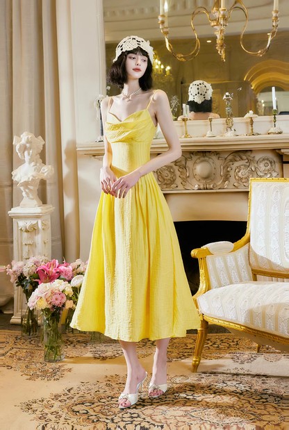 Sweet Spaghetti Straps Yellow Satin A Line Long Party Dress Prom Gowns SP2015
