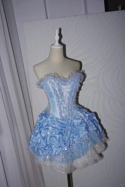 Charming Blue Strapless Satin Lace Sequin A Line Short Homecoming Dress Birthday Dress SP4217
