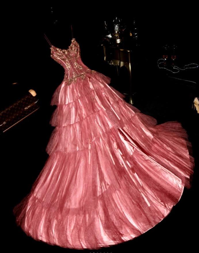 Charming Coral Pink Spaghetti Straps Tulle Layered Mermaid Slit Long Birthday Party Dress SP759