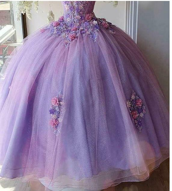 Princess Tulle Long Prom Dress with Flower,Ball Gowns Quinceanera Dresses Y4372