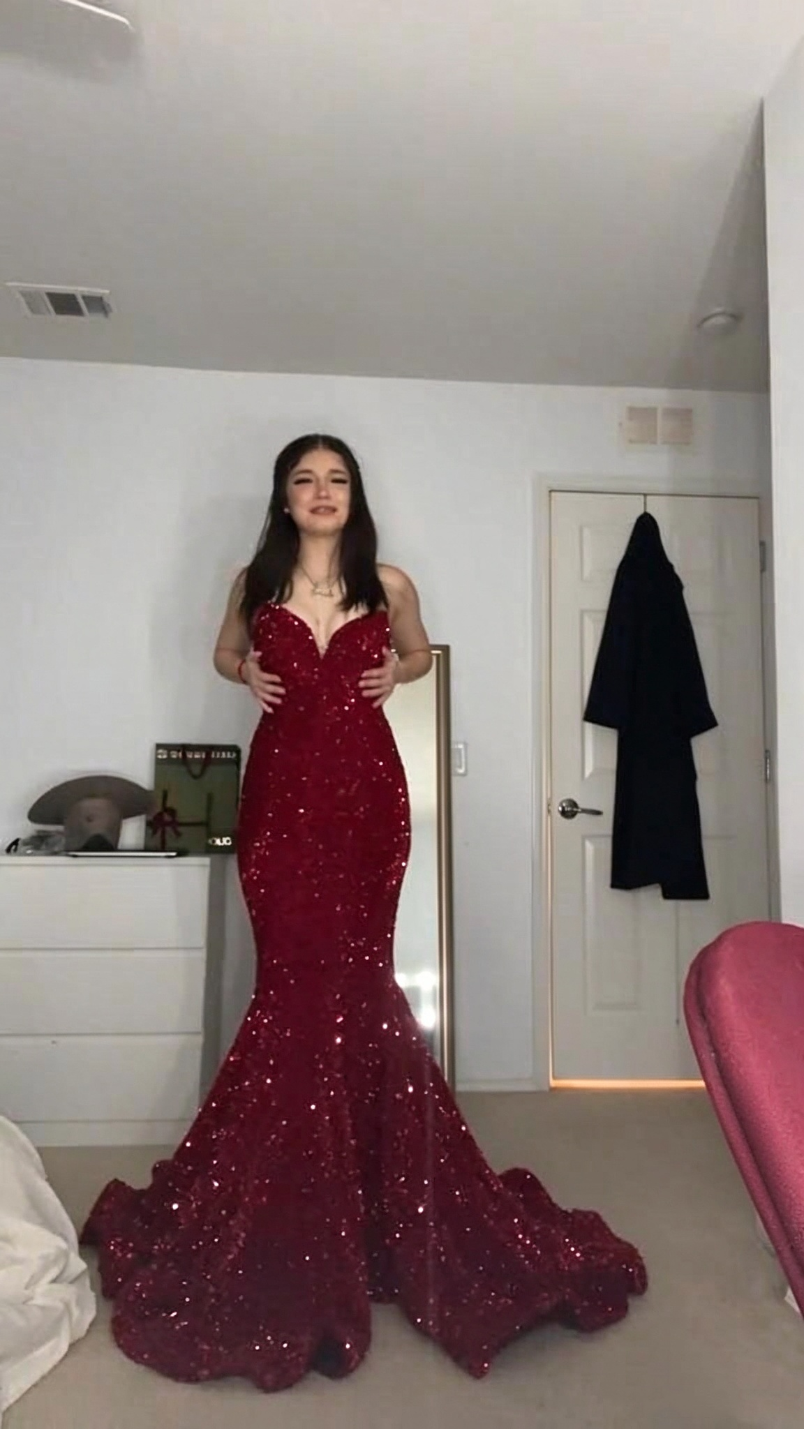 Sparkly Burgundy Sequin Mermaid Long Party Dress Prom Gown SP4236