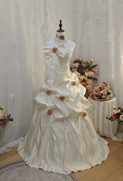 Elegant Strapless Bow Ball Gown White Satin Pleated Beaded Long Party Dress Birthday Dress With Rose Flowers SP2160