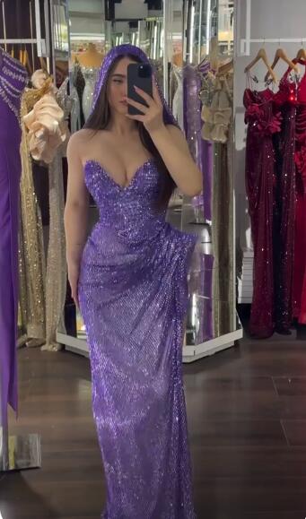 Glitter Sweetheart Neck Purple Sequin Pleated Long  Evening Dress Prom Gown SP3762