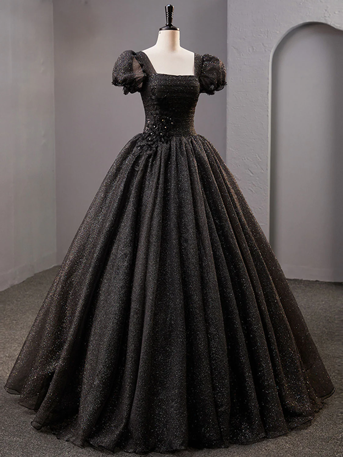 Black Square Neckline Tulle Long Prom Dress, Shiny Black Evening Dresses Y4386