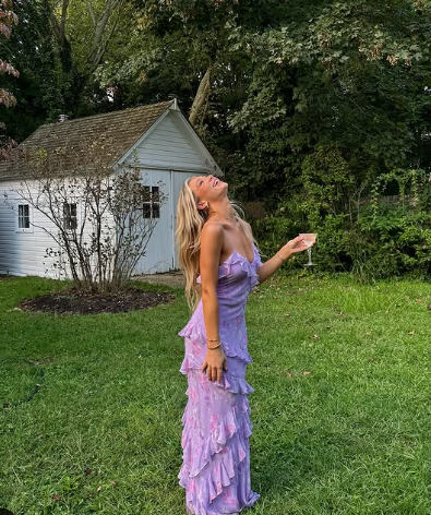 Charming Spaghetti Straps Lavender Chiffon Print Floral Evening Dress,Ruffles Long Prom Dress Y8266