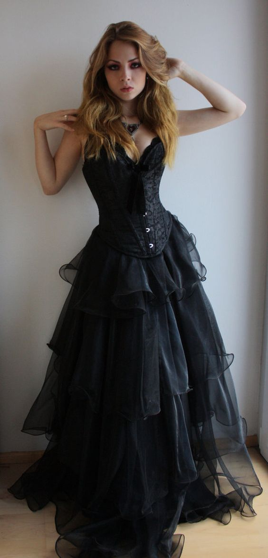 Vintage Black V Neck Tulle Layered Long Birthday Prom Dress Party Gown SP505