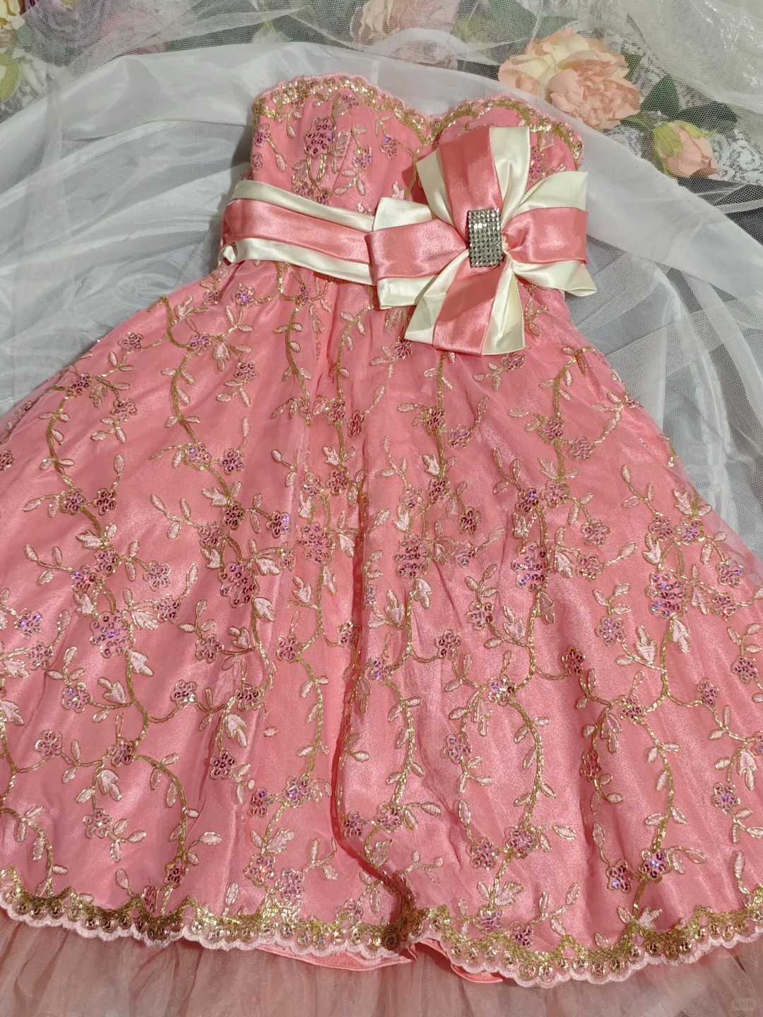 Gorgeous Pink Strapless Satin Tulle Embroidered A Line Short Homecoming Dress Birthday Outfits SP2710
