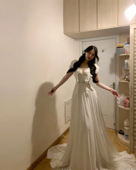 Pretty V Neck White Chiffon Ruffles Long Party Dress Guest Dress SP291