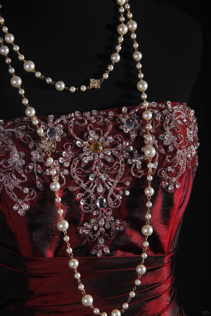 Vintage Strapless Ball Gown Burgundy Satin Beaded Long Party Dress Prom Dress SP2157