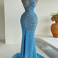 Blue Mermaid Sequins Celebrity Dresses Charming Evening Dress  Y31