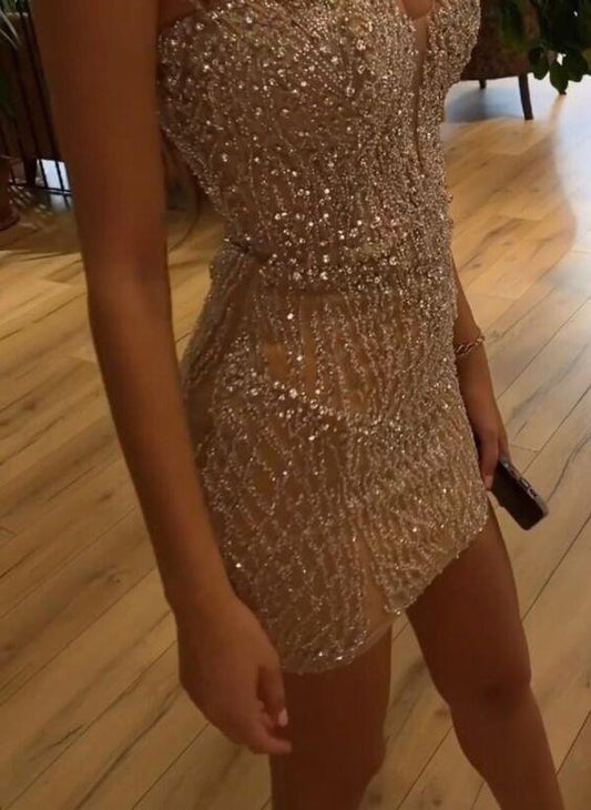 Sparkly Champagne Strapless Sequin Sheath Short Birthday Dress Homecoming Dress SP2637