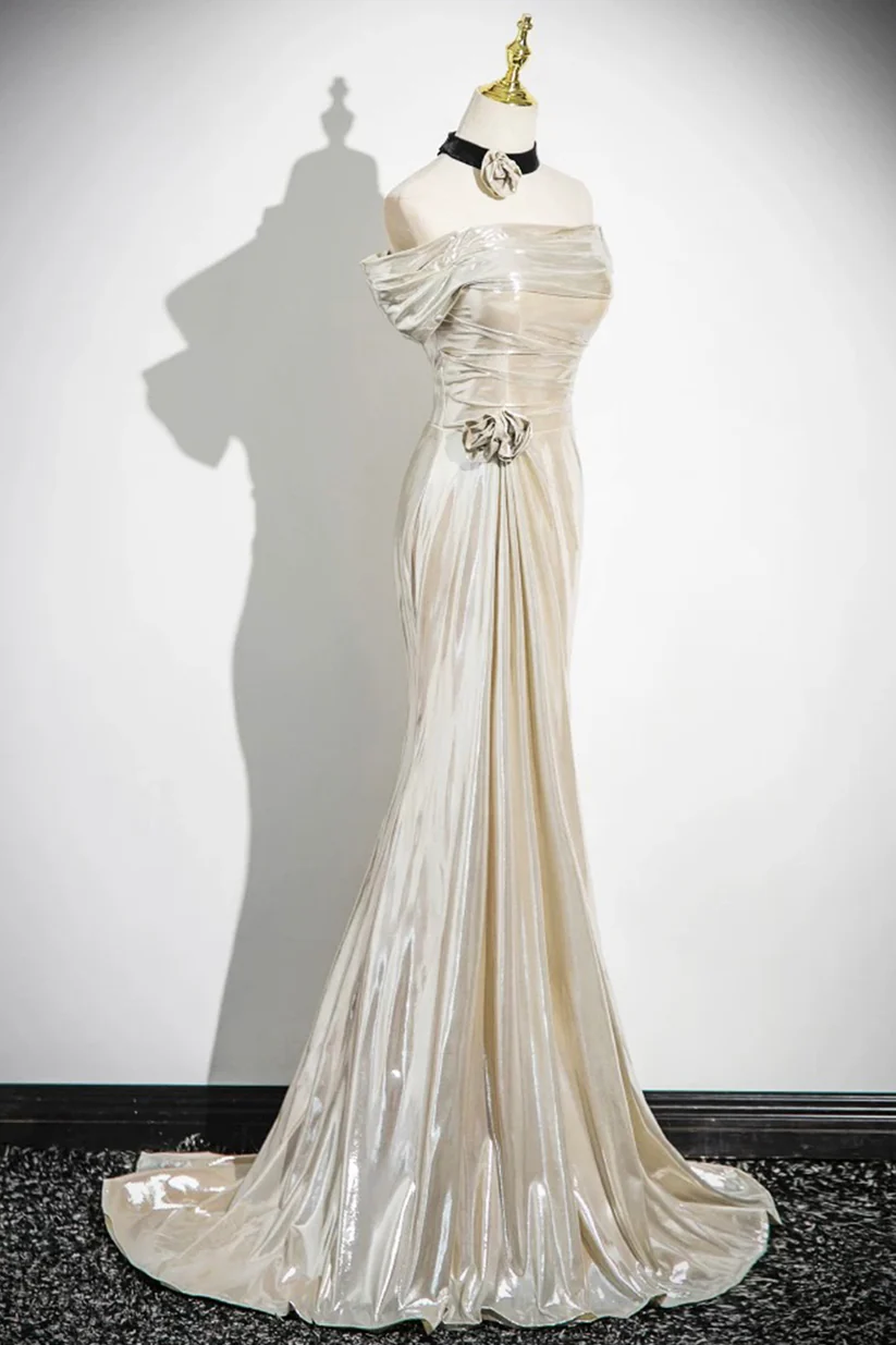 Charming Champagne Off The Shoulder Satin Prom Dress,Mermaid Evening Gown Y8202