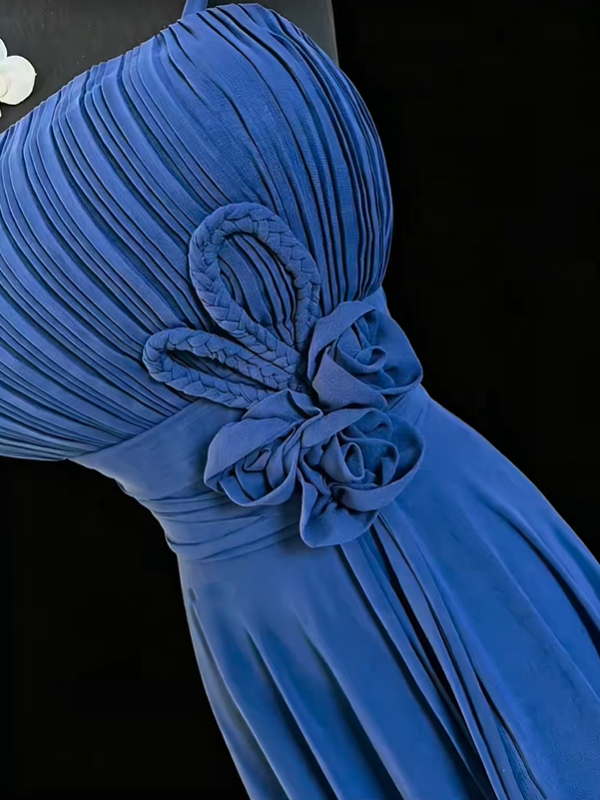 Classy Spaghetti Strap Satin Chiffon Pleated Long Wedding Guest Dress Navy Blue Party Dress SP2766