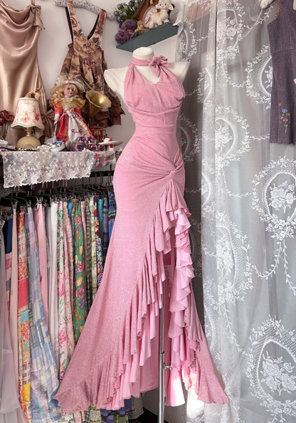 Classy Pink Halter Satin Ruffles Mermaid Long Party Dress 20th Birthday Outfits SP1718