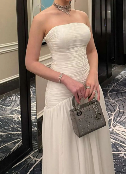 Classy Strapless Chiffon Pleated White Long Evening Dress Formal Wedding Guest SP698