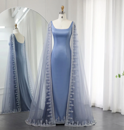 Sparkly Sequin Evening Dresses for Arabic Women Cape Floor Length Mermaid Prom Party Wedding Special Events Dresses  Y4817