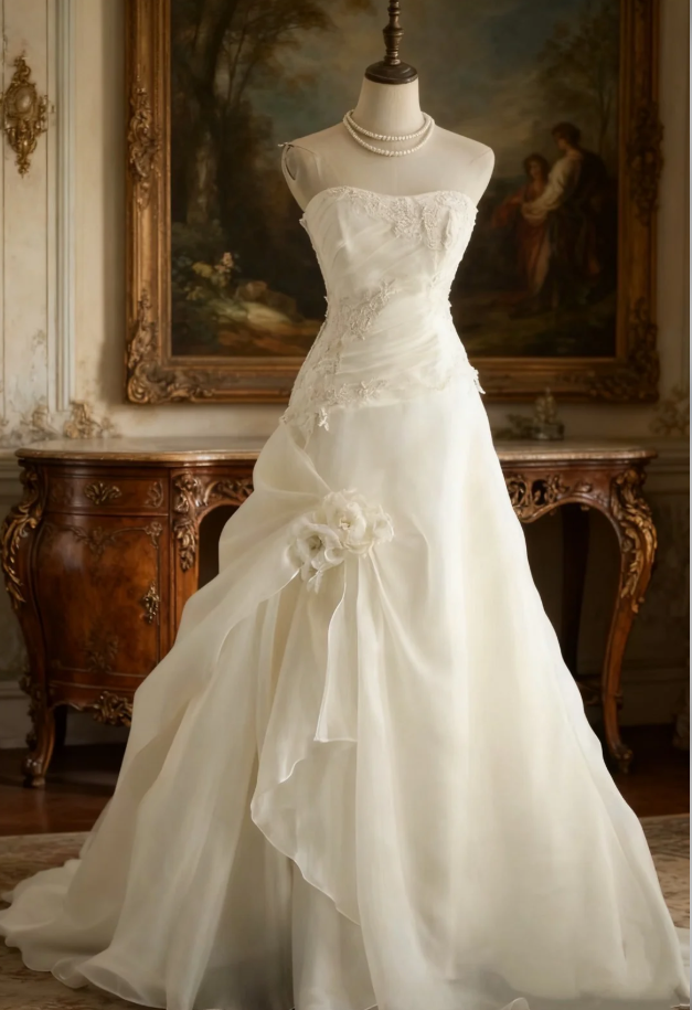 Classy Strapless Chiffon Appliques Mermaid White Long Wedding Dress SP1167