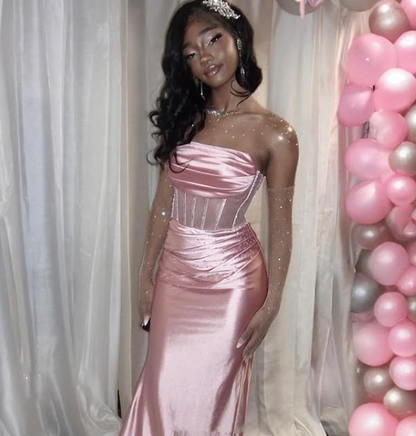 Pink Strapless Satin Mermaid Evening Dress Long Prom Dress Y7721