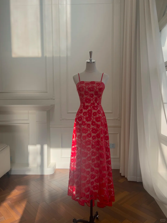 Charming Red Spaghetti Straps Tulle Sequin Floral A Line Long Party Dress Birthday Dress SP2564