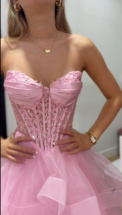 Pretty Sweetheart Tulle Layered Beaded Long Wedding Guest Dress,Pink Party Dress SP2678