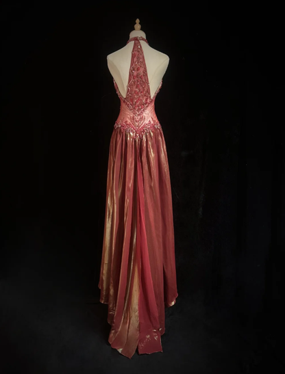 Retro Halter Satin Beaded A Line Long Wedding Guest Dress Formal Birthday Prom Dress Evening Gown  SP1440