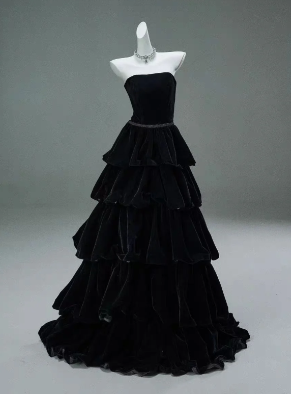 Chic Black A-line Layered Evening Dress,Black Strapless Evening Gown Y4378