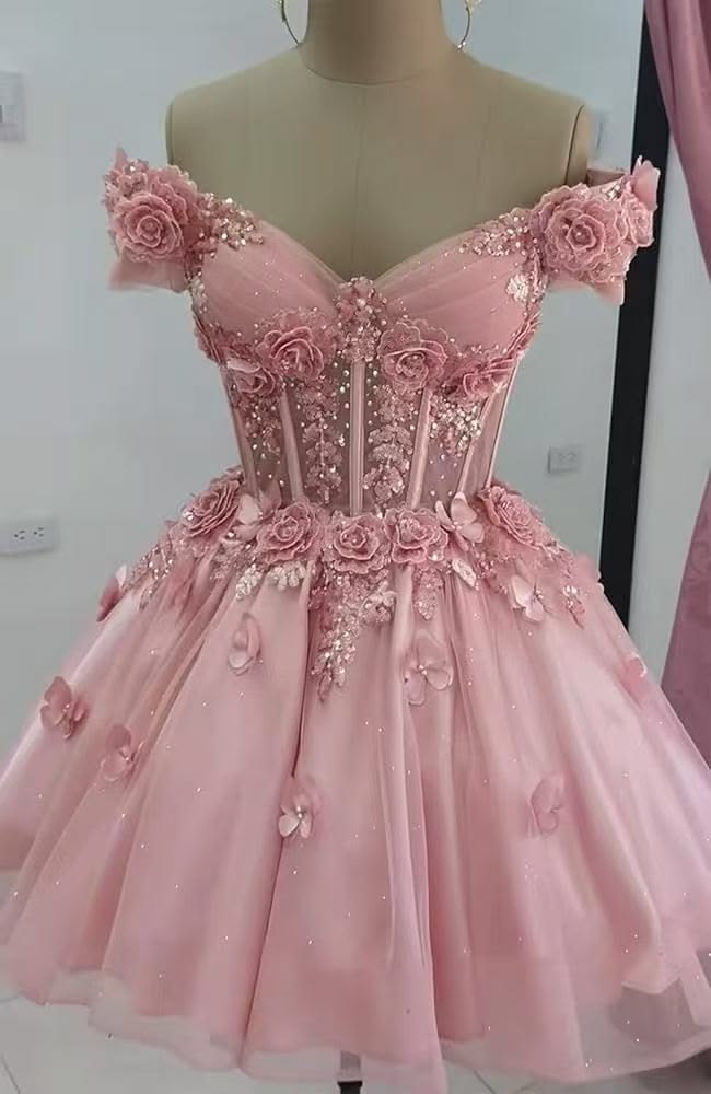 Beautiful Off The Shoulder Tulle Appliques Short Prom Dress,Pink A Line Short Graduation Homecoming Dress SP3260