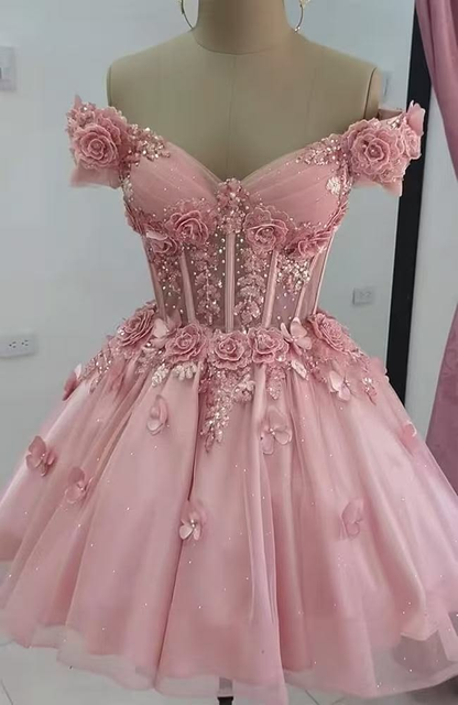Beautiful Off The Shoulder Tulle Appliques Short Prom Dress,Pink A Line Short Graduation Homecoming Dress SP3260