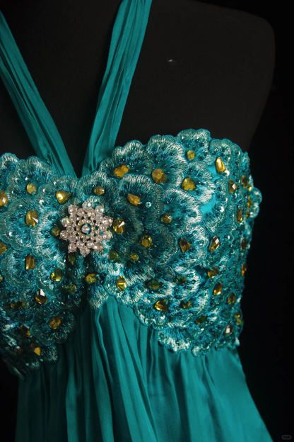 Chic Halter Teal Chiffon Beaded Embroidery Long Birthday Party Dress Prom Gowns SP2153