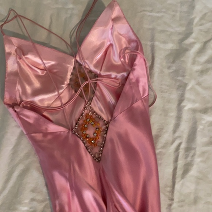 Gorgeous Pink Spaghetti Straps Satin Beaded Evening Dress Long Prom Dress Y8216