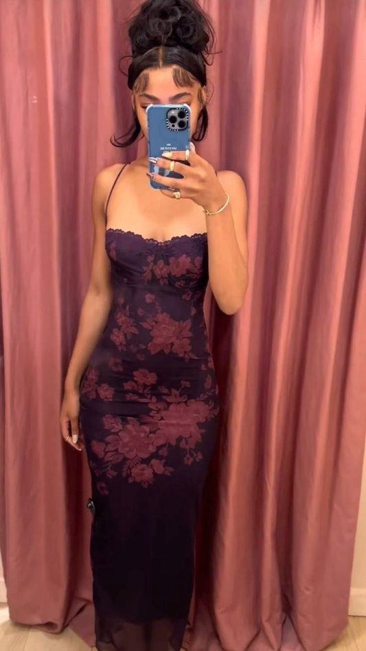 Purple Spaghetti Straps Lace Chiffon Print Floral Sheath Prom Dress Evening Dress Y8245