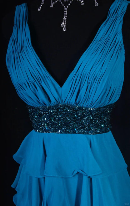 Classy Blue V Neck Satin Layered Sequin Beaded A Line Short Graduation Homecoming Dress Cocktail Dress SP2832