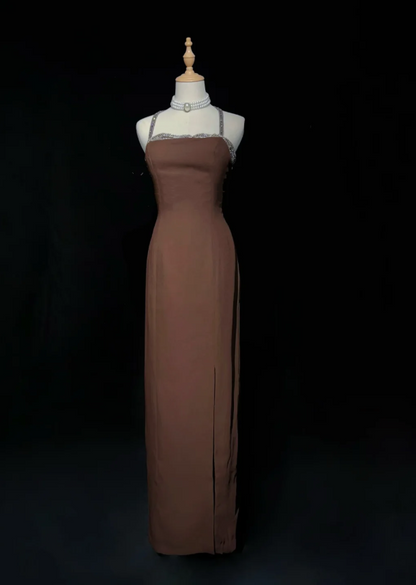 Stylish Spaghetti Straps Brown Satin Beaded Slit Long wedding Guest Dress Formal Evening Dress SP1970