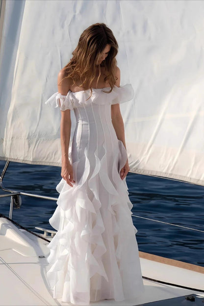 Classy White Off The Shoulder Chiffon Ruffles Long Prom Dress Party Dress SP2673