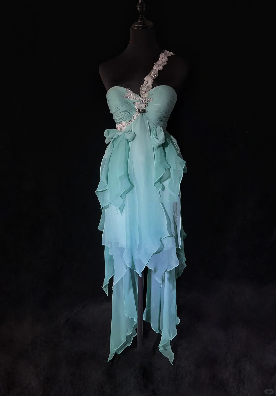 Elegant One Shoulder Light Lake Blue Chiffon Sequin Floral Short Homecoming Dress,Formal 15th Birthday Outfits SP2895