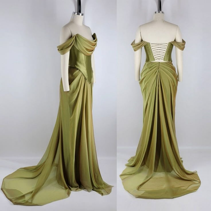 Elegant Green Satin Pleated Party Dress,Off The Shoulder Mermaid Evening Dress Bridesmaid Dress Y8737